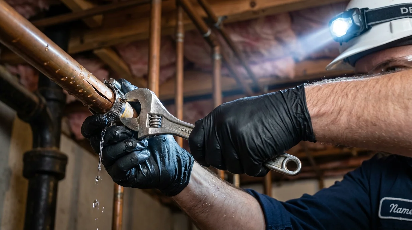 Emergency pipe clamp repair being performed by a Johns Plumbing LLC plumber in Window Rock