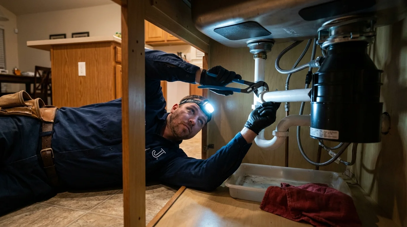 P-trap and supply line connections under a kitchen sink showing a common leak point in Window Rock, AZ